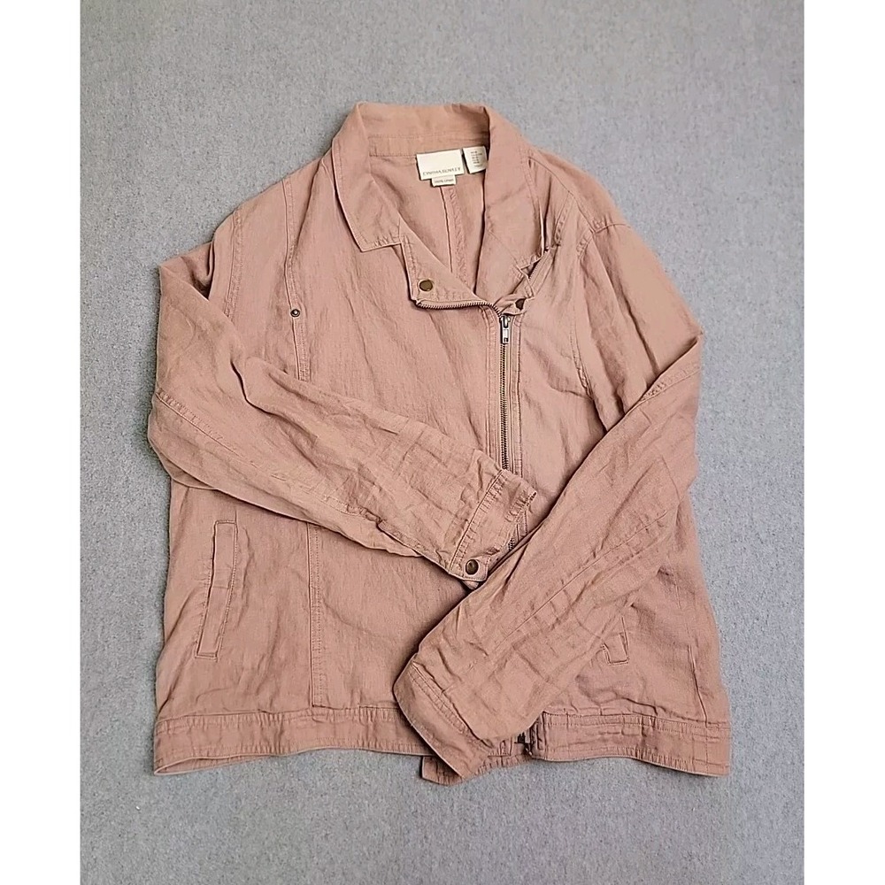 Cynthia Rowley Linen Moto Jacket Women XL Pink Dusty Rose Asymmetrical Zip Biker